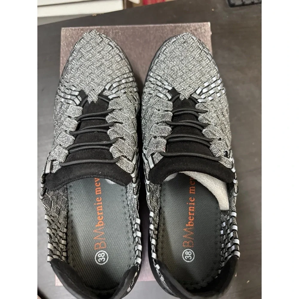 Bernie Mev Victoria Pewter Black Reflective Woven Sneakers Womens 38 US 7 NEW